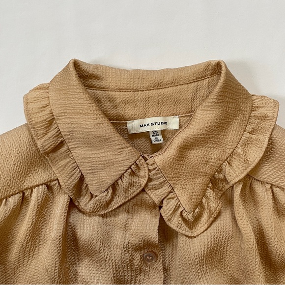 Women's Beige Ruffle Collar Long Sleeve Button Down Blouse Puff Sleeve Textured - Picture 3 of 7